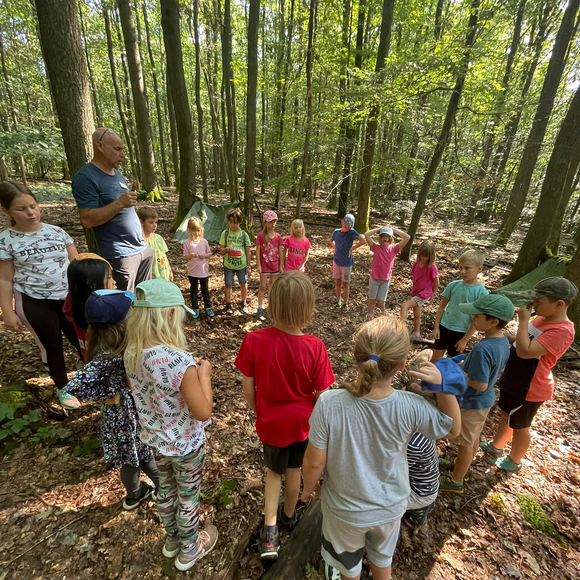 Eine Gruppe Kinder im Wald