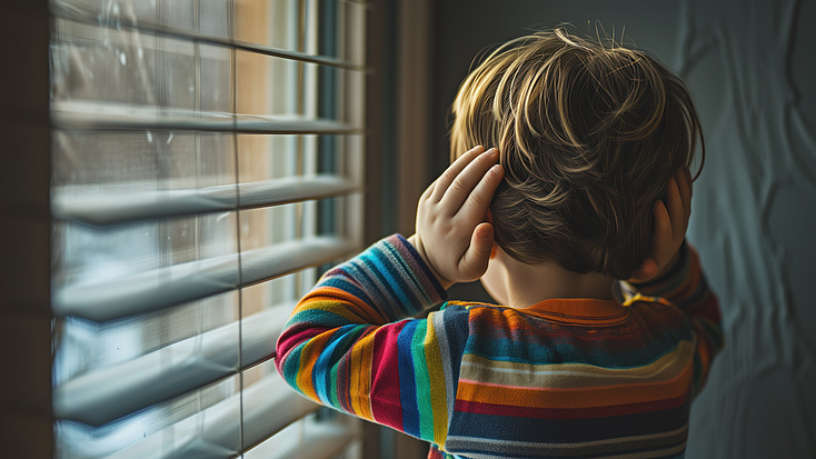 Ein Kind steht vor einem Fenster und hält sich die Ohren zu.