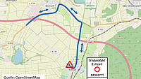 Auf einer Karte des Gebiets um den Ort Echzell sind mehrere Straßen blau markiert, die als Umwege für ein gesperrtes Straßenstück dienen.