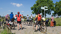 Mehrere Radfahrerinnen und Radfahrer stehen an einer Kreuzung zweier Feldwege. Einige informieren sich an einem dort stehenden Wegweiser.