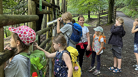 Zu sehen ist eine Gruppe von Kindern im Wald. Sie schauen durch einen Zaun in einem Wildpark.